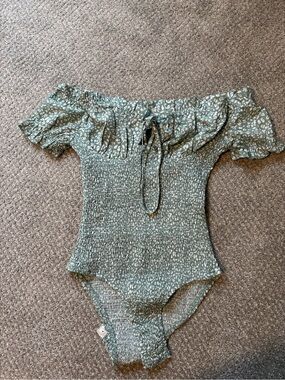 Hello Molly Sage Green Smocked Off-Shoulder Women’s Bodysuit